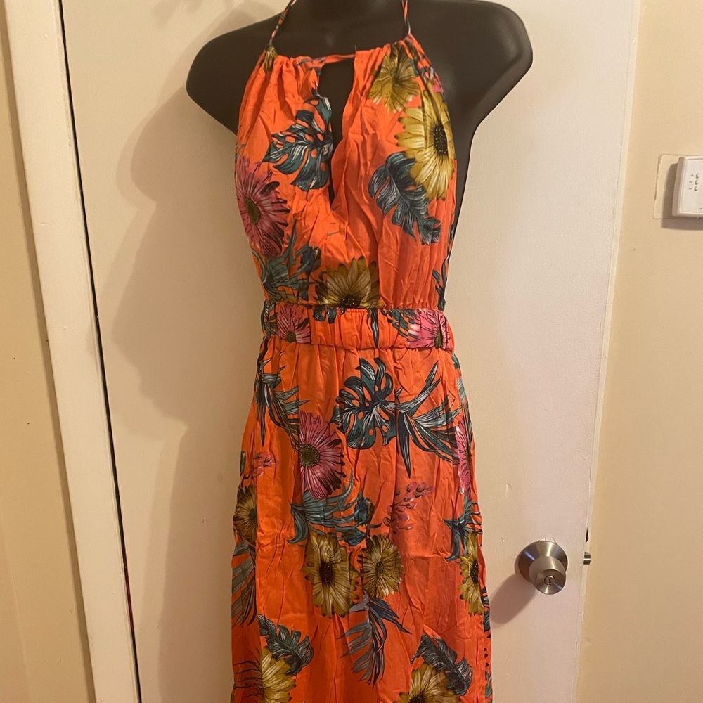 🧡🌺Orange floral maxi halter dress